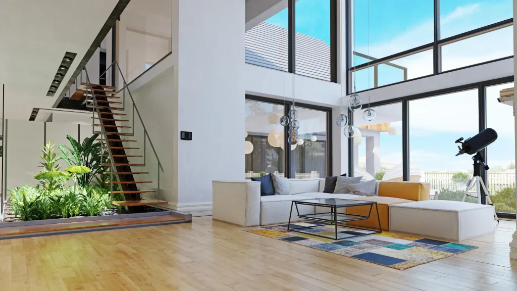 Salón amplio luminoso saludable, precio vivienda sostenible