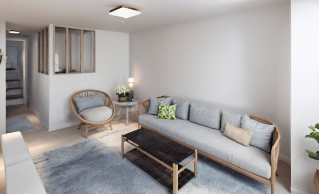 Salón acogedor, render, vender casa